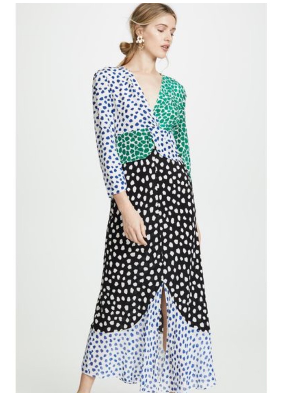 Black Blue Green White Spotted Colorblock Twist Front Midi Maxi Dress S LN